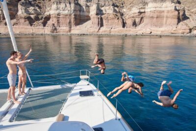 Santorini Gold Catamaran Cruise with Snorkel, BBQ & Open Bar - Red Beach and White Beach: the caldera colors you came for